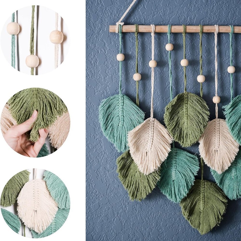 Macrame Boho Indie Farmhouse Teal/Blue/Green/Cream Feather Wood Bead Wall Decor - Picture 5 of 8